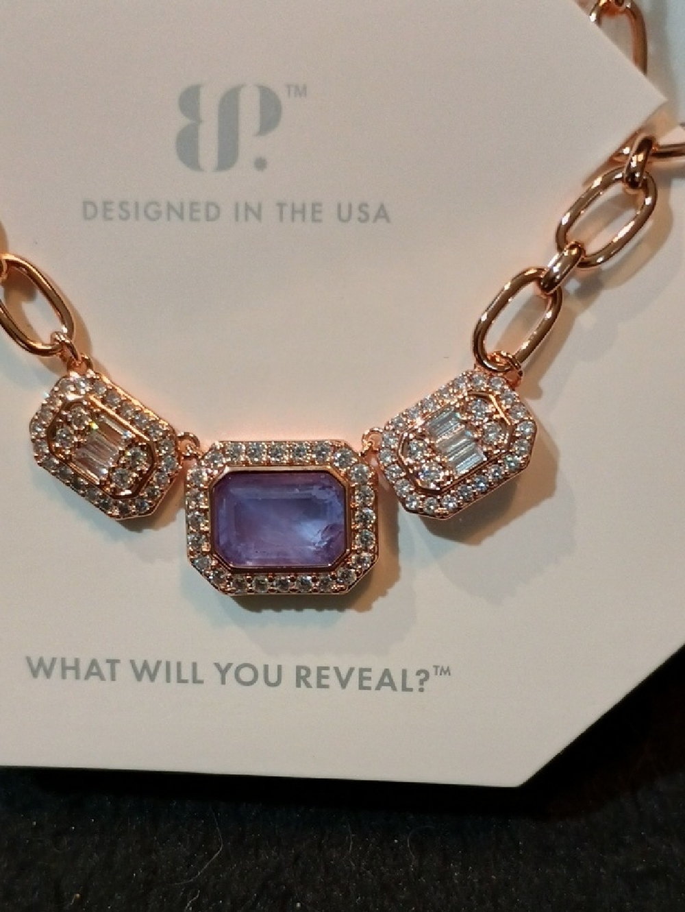 bp Rose Gold-Tone Necklace with Purple Center and Crystal Accents